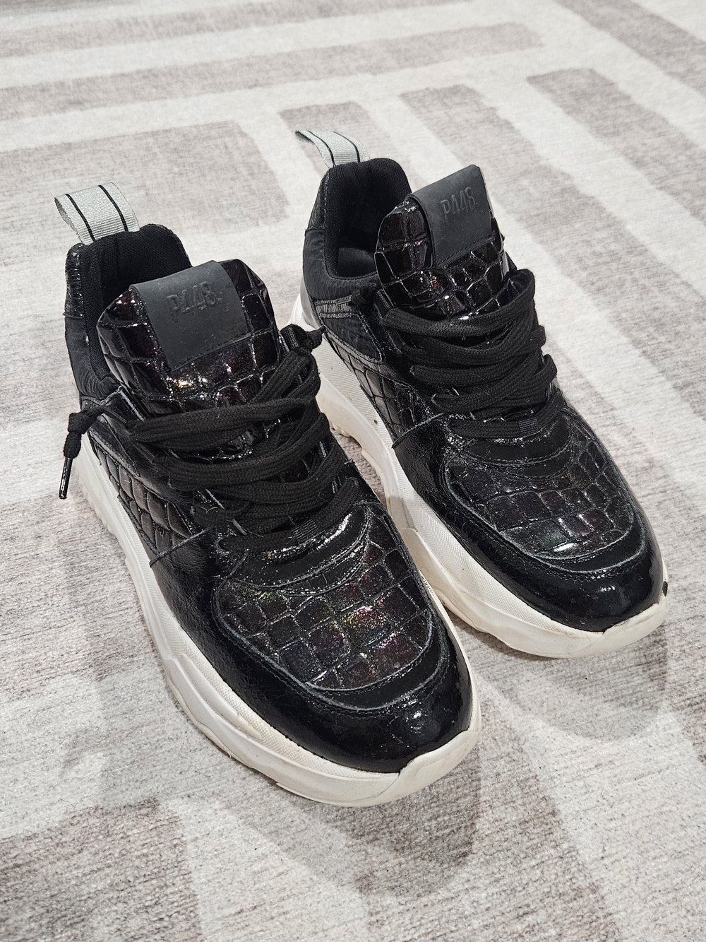 Rare Luxury P448 Black Croc-Embossed Platform Sneakers with White Soles